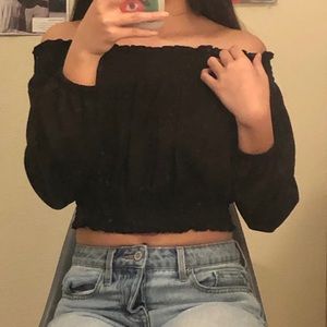 Black off the shoulder long sleeve crop top